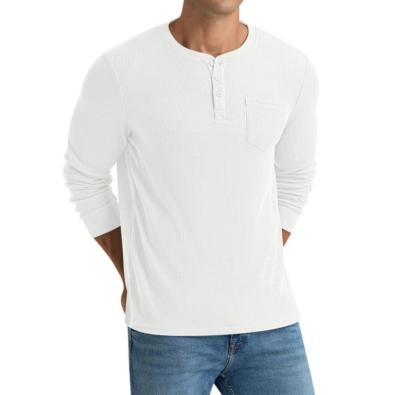 Iceglad Men's Henley Shirts Long Sleeve Basic Waffle Pique Pullover T-Shirt with Pocket