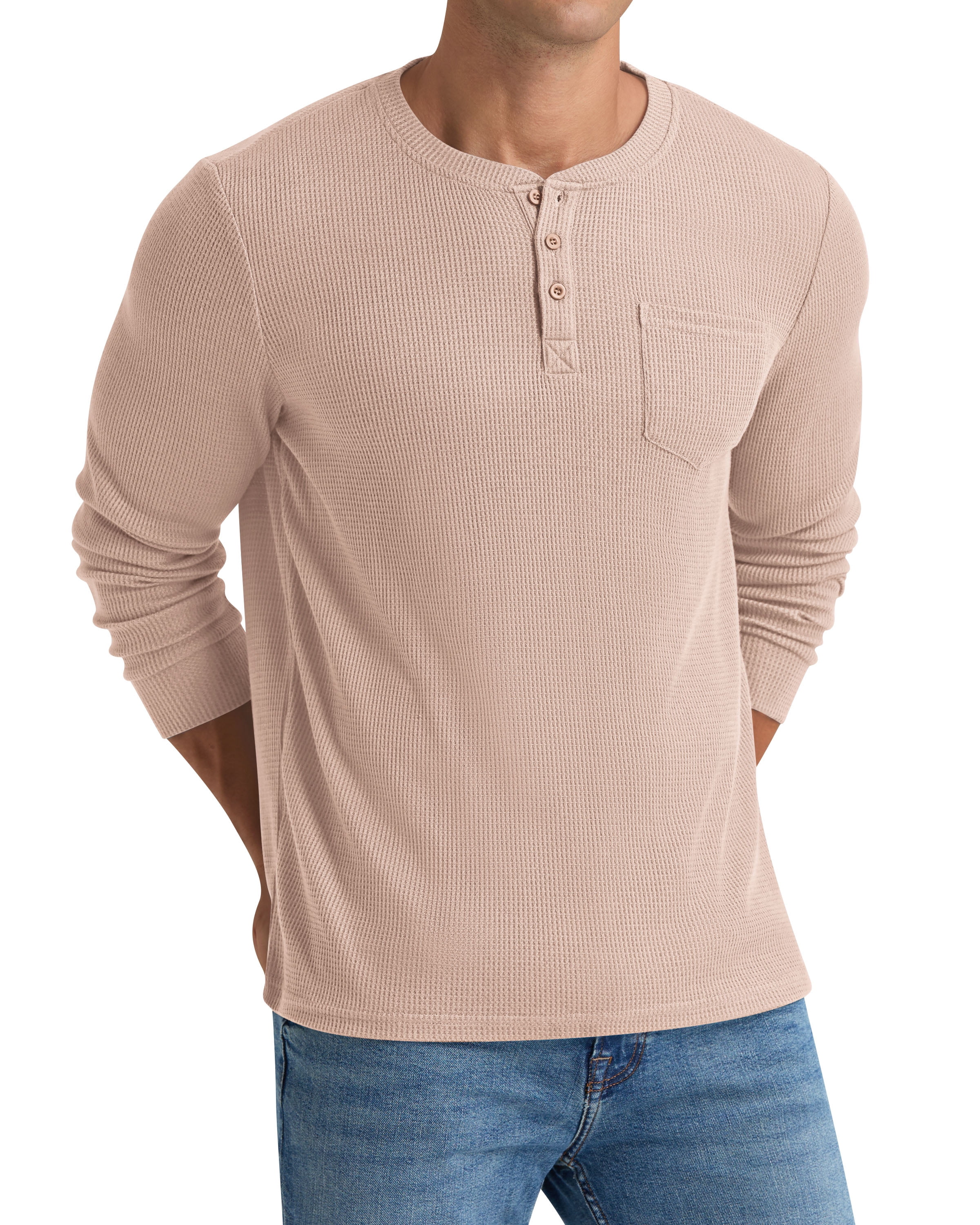 Men's Henley Shirts Long Sleeve Basic Waffle Pique Pullover T-Shirt with Pocket