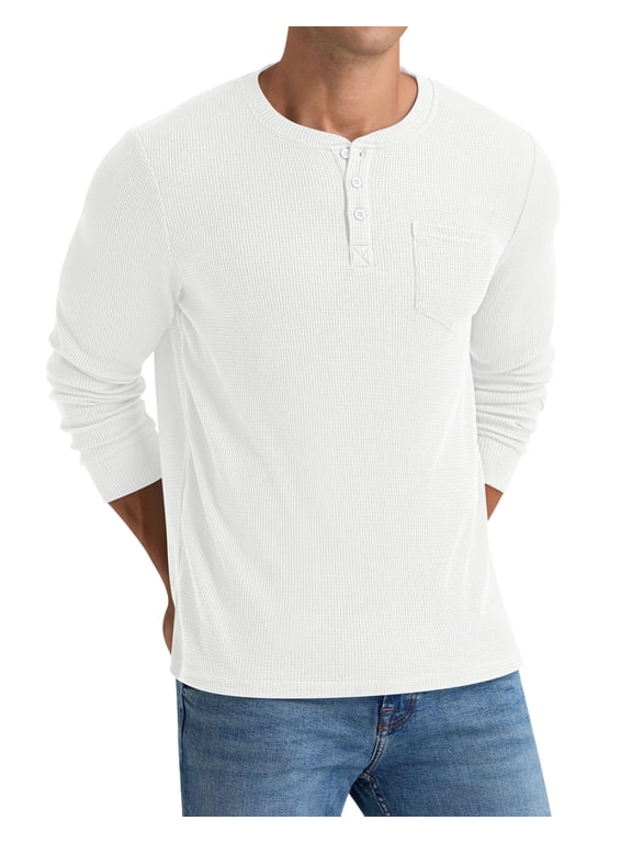 Men's Henley Shirts Long Sleeve Basic Waffle Pique Pullover T-Shirt with Pocket