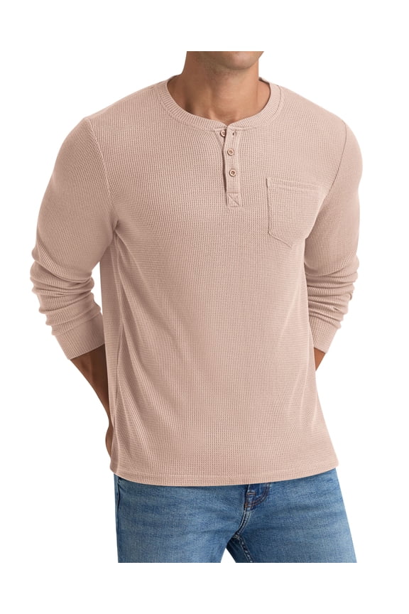 Men's Henley Shirts Long Sleeve Basic Waffle Pique Pullover T-Shirt with Pocket