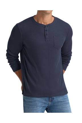 Men's Henley Shirts Long Sleeve Basic Waffle Pique Pullover T-Shirt with Pocket