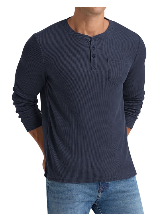 Men's Henley Shirts Long Sleeve Basic Waffle Pique Pullover T-Shirt with Pocket