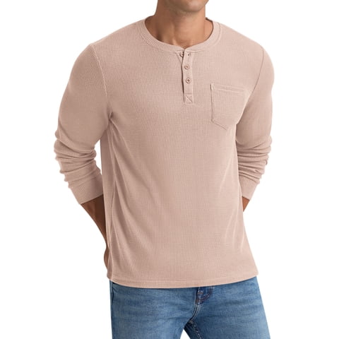 Men's Henley Shirts Long Sleeve Basic Waffle Pique Pullover T-Shirt with Pocket