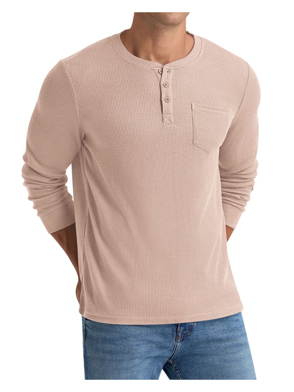 Men's Henley Shirts Long Sleeve Basic Waffle Pique Pullover T-Shirt with Pocket