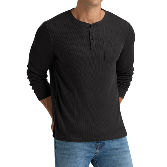 Iceglad Men's Henley Shirts Long Sleeve Basic Waffle Pique Pullover T-Shirt with Pocket
