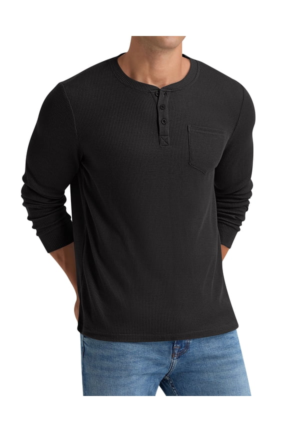 Men's Henley Shirts Long Sleeve Basic Waffle Pique Pullover T-Shirt with Pocket