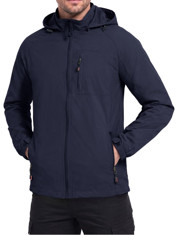Men's Lightweight Hooded Windbreaker Jacket with Detachable Hood, Full Zip Closure, Multiple Zipper Pockets, Adjustable Hook-and-Loop Cuffs