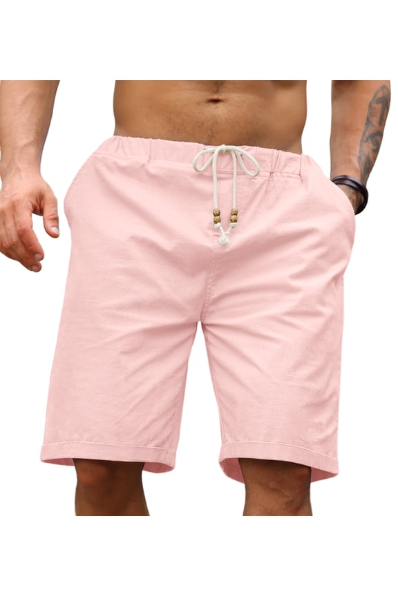 Men's Linen Casual Classic Fit Short Drawstring Summer Beach Shorts