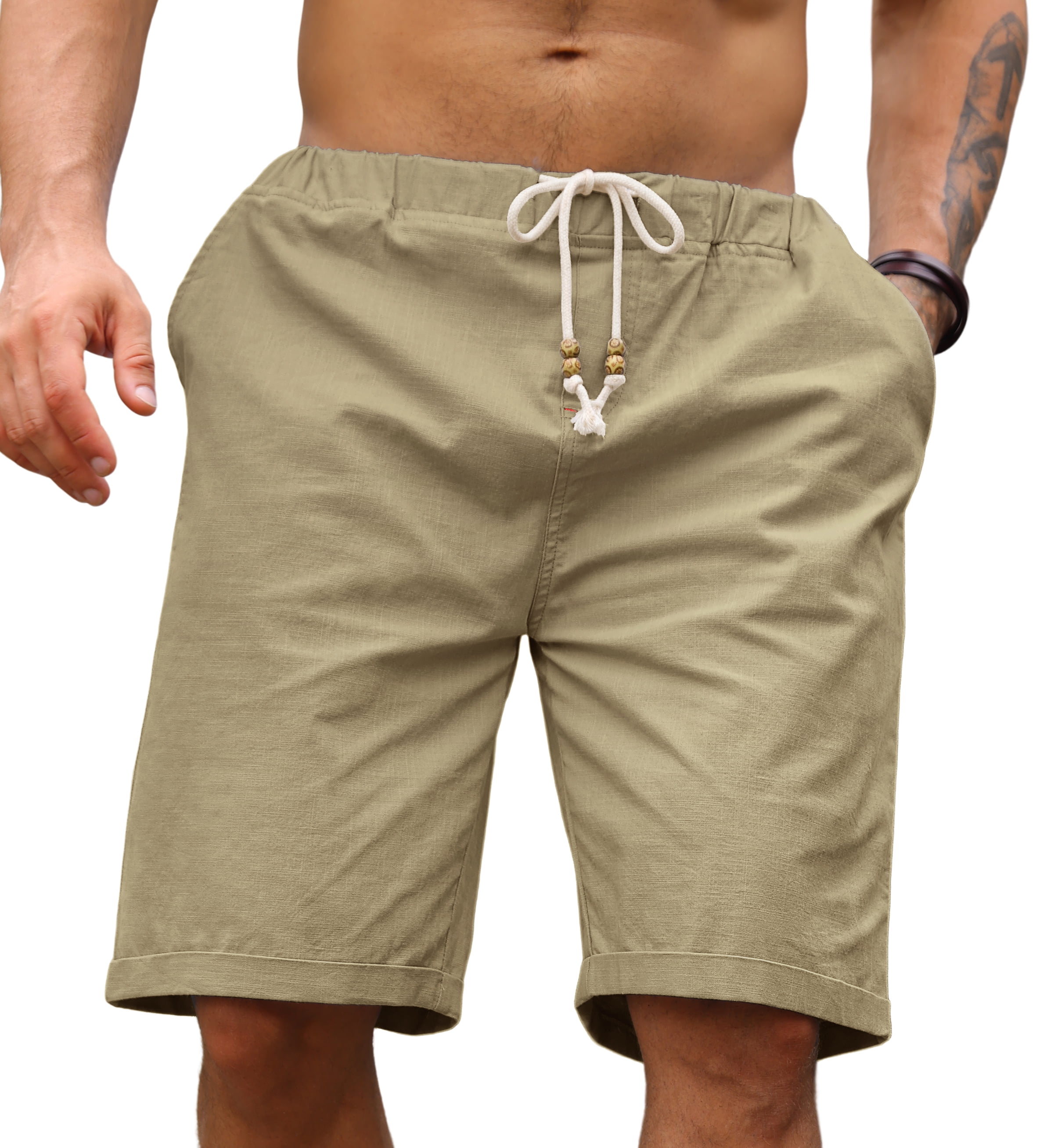 Iceglad Men's Linen Casual Classic Fit Short Drawstring Summer Beach Shorts