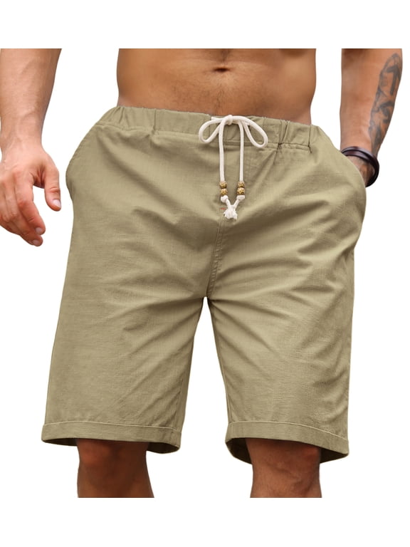 Men's Linen Casual Classic Fit Short Drawstring Summer Beach Shorts