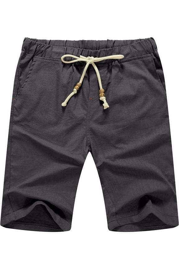 Men's Linen Casual Classic Fit Short Drawstring Summer Beach Shorts