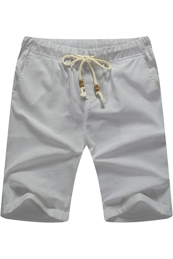 Men's Linen Casual Classic Fit Short Drawstring Summer Beach Shorts