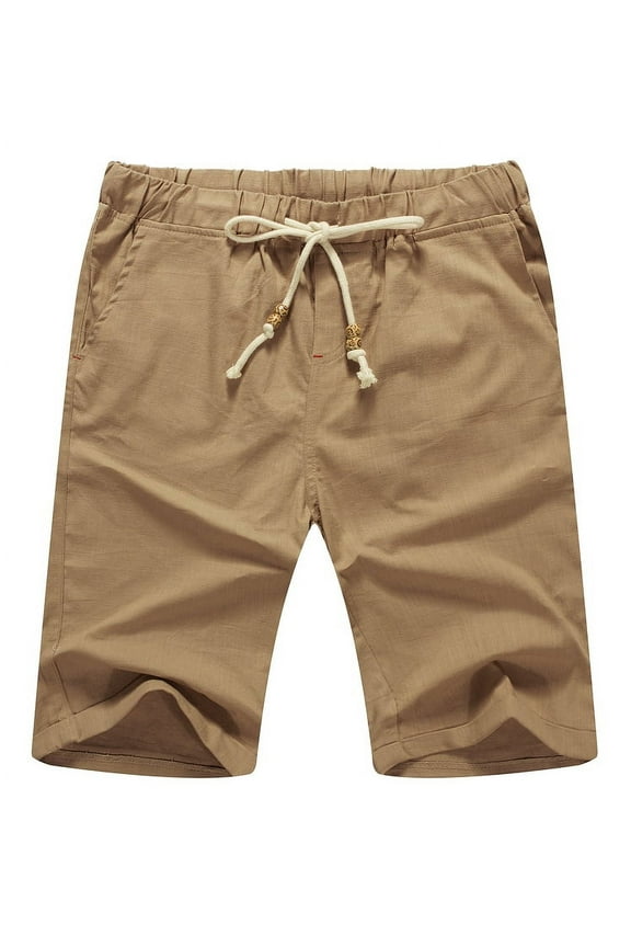Men's Linen Casual Classic Fit Short Drawstring Summer Beach Shorts
