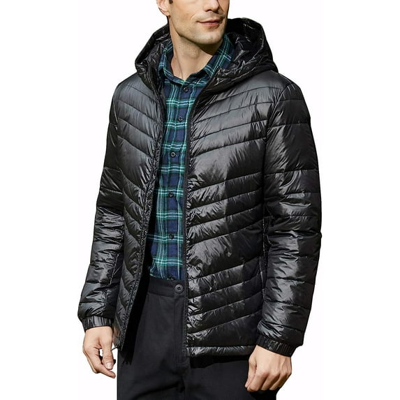 Iceglad Men's Packable Insulated Warm Hooded Puffer Long Sleeve Down Jacket Winter Coat, Black-m