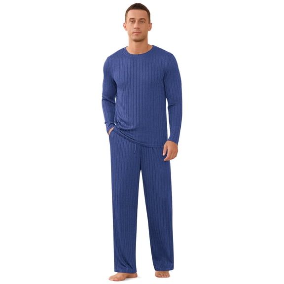Iceglad Men's Pajama Set Soft Ribbed Knit Long Sleeve Top and Pants Mens Loungewear 2 Piece Sleep Set