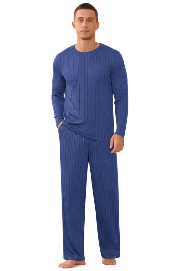 Men's Pajama Set Soft Ribbed Knit Long Sleeve Top and Pants Mens Loungewear 2 Piece Sleep Set