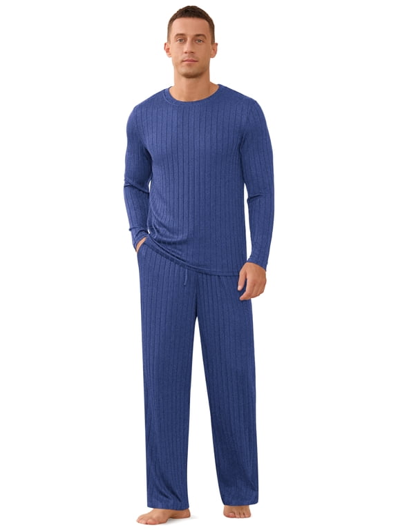 Men's Pajama Set Soft Ribbed Knit Long Sleeve Top and Pants Mens Loungewear 2 Piece Sleep Set