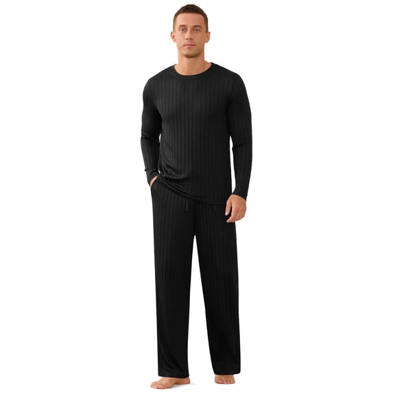 Iceglad Men's Pajama Set Soft Ribbed Knit Long Sleeve Top and Pants Mens Loungewear 2 Piece Sleep Set