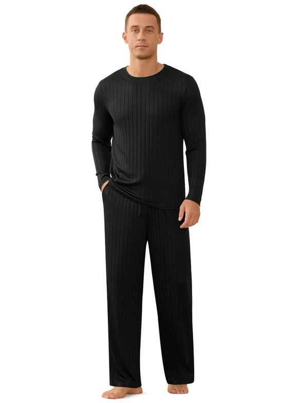Men's Pajama Set Soft Ribbed Knit Long Sleeve Top and Pants Mens Loungewear 2 Piece Sleep Set