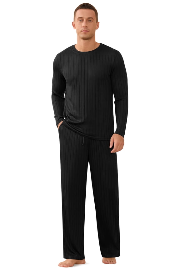 Men's Pajama Set Soft Ribbed Knit Long Sleeve Top and Pants Mens Loungewear 2 Piece Sleep Set