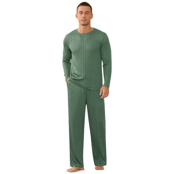Iceglad Men's Pajama Set Soft Ribbed Knit Long Sleeve Top and Pants Mens Loungewear 2 Piece Sleep Set