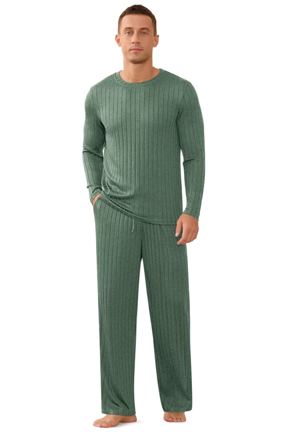 Men's Pajama Set Soft Ribbed Knit Long Sleeve Top and Pants Mens Loungewear 2 Piece Sleep Set