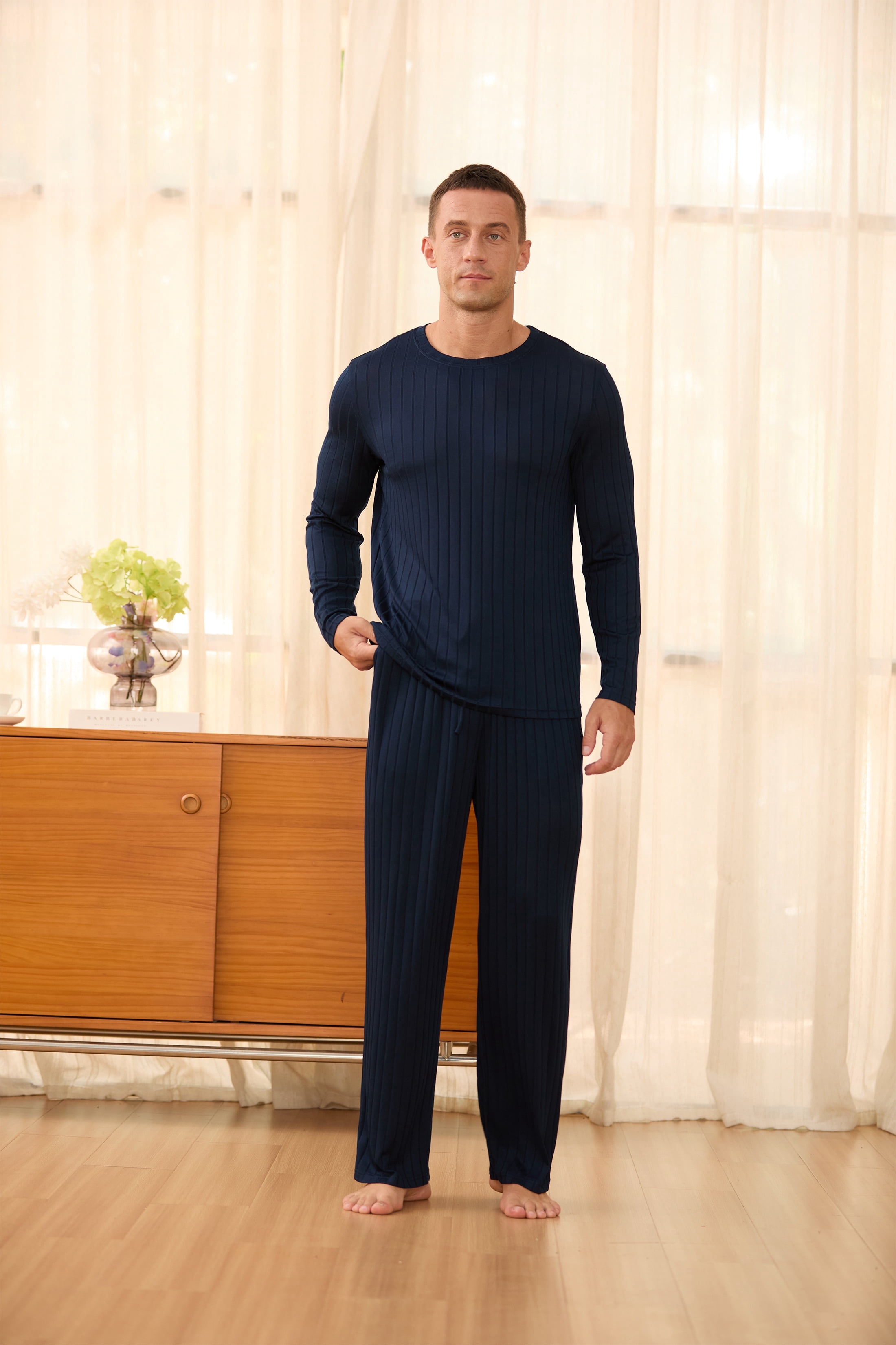Iceglad Men's Pajama Set Soft Ribbed Knit Long Sleeve Top and Pants ...