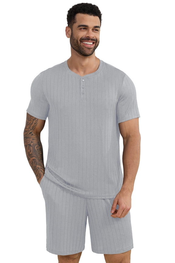 Mens Pajamas Set Short Sleeve Pj Set Soft Stretch Sleepwear for Men Lightweight Summer Lounge Set Casual 2 Piece Loungewear with Shorts
