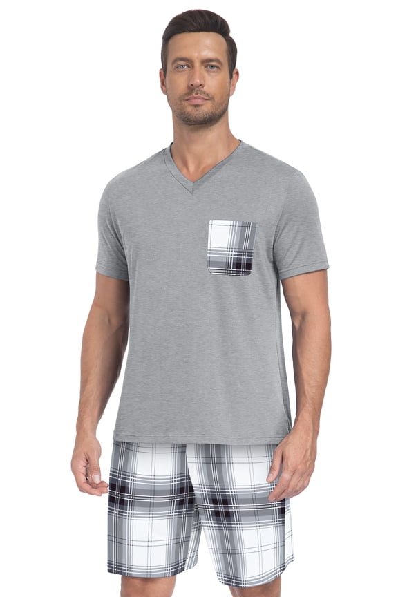 Mens Pajamas Set Lightweight Summer PJs for Men, Soft Breathable Short Sleeve Sleepwear with Plaid Shorts, Quick Dry Moisture Wicking Lounge Set with Pockets