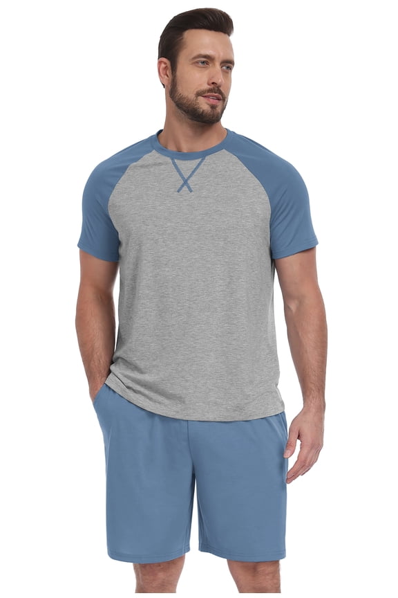 Mens Pajama Set 2 Piece Short Sleeve Sleepwear Lounge Set Soft Quick Dry Lightweight Summer PJs Crew Neck Top & Shorts Casual Homewear with Pockets