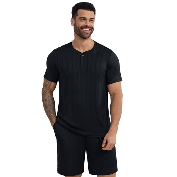 Iceglad Mens Pajamas Set Short Sleeve Pj Set Soft Stretch Sleepwear for Men Lightweight Summer Lounge Set Casual 2 Piece Loungewear with Shorts