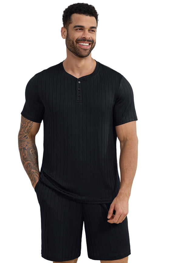 Mens Pajamas Set Short Sleeve Pj Set Soft Stretch Sleepwear for Men Lightweight Summer Lounge Set Casual 2 Piece Loungewear with Shorts