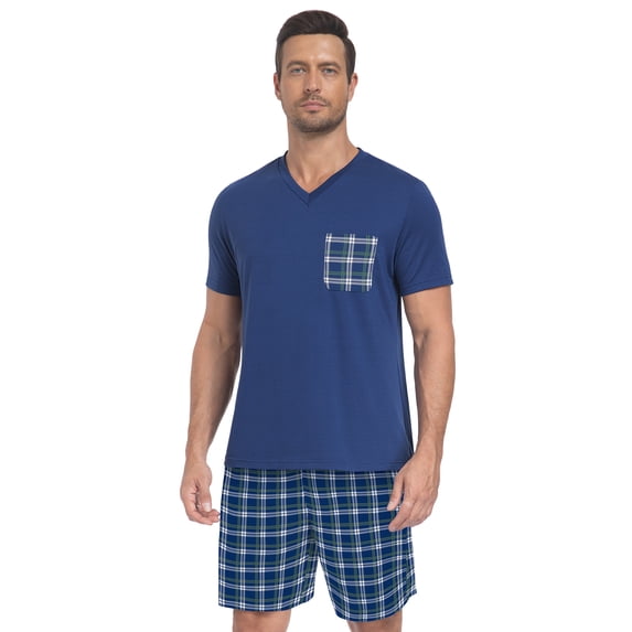 Iceglad Mens Pajamas Set Lightweight Summer PJs for Men, Soft Breathable Short Sleeve Sleepwear with Plaid Shorts, Quick Dry Moisture Wicking Lounge Set with Pockets