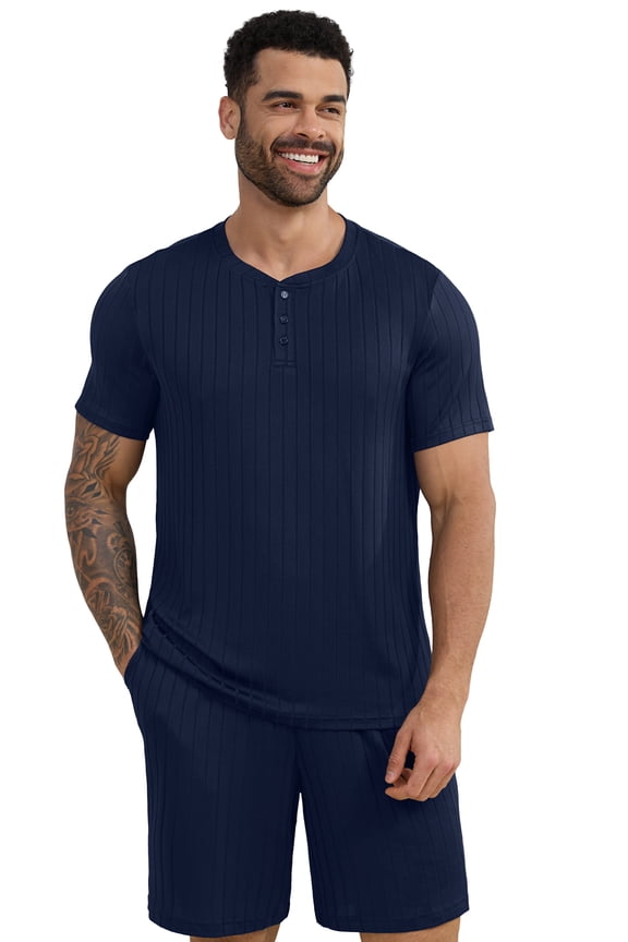 Mens Pajamas Set Short Sleeve Pj Set Soft Stretch Sleepwear for Men Lightweight Summer Lounge Set Casual 2 Piece Loungewear with Shorts