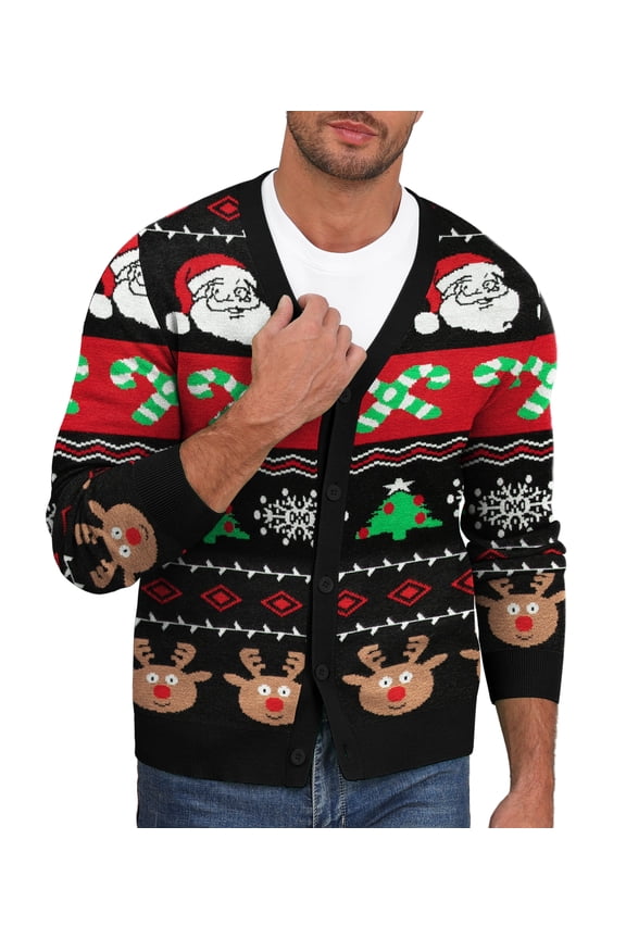 Mens Ugly Christmas Cardigan Sweater Santa Reindeer Snowflake Pattern V-Neck Long Sleeve Knitwear