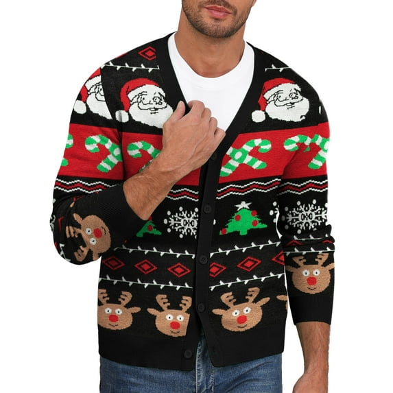 Iceglad Mens Ugly Christmas Cardigan Sweater Santa Reindeer Snowflake Pattern V-Neck Long Sleeve Knitwear