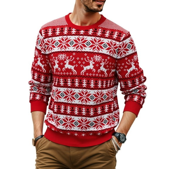 Iceglad Men's Ugly Christmas Sweater Reindeer Snowflake Print Acrylic Knitted Pullover