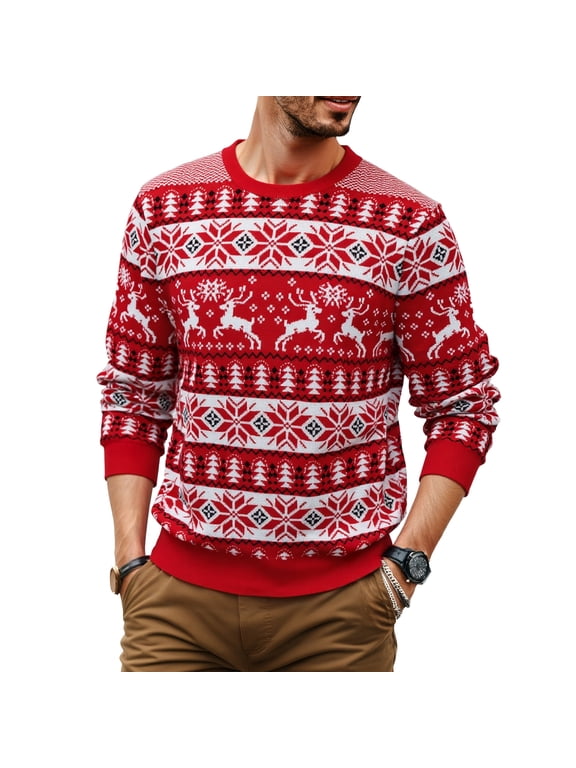 Men's Ugly Christmas Sweater Reindeer Snowflake Print Acrylic Knitted Pullover