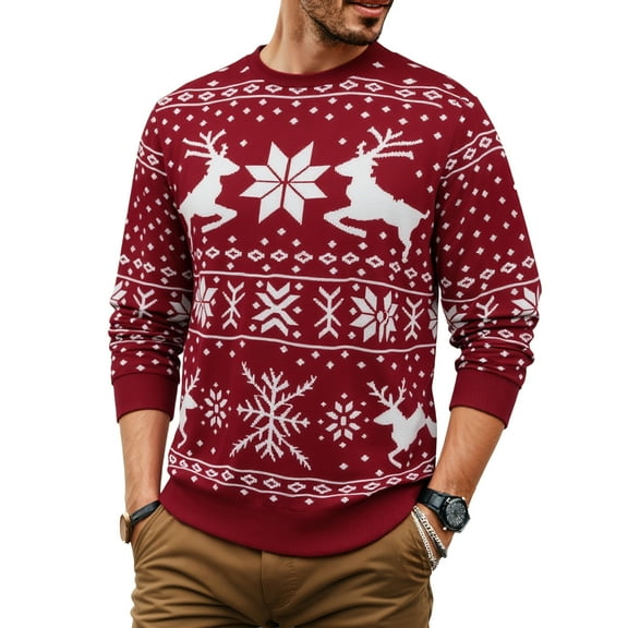 Iceglad Men's Ugly Christmas Sweater Reindeer Snowflake Print Acrylic Knitted Pullover