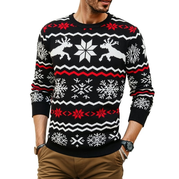 Iceglad Men's Ugly Christmas Sweater Reindeer Snowflake Print Acrylic Knitted Pullover