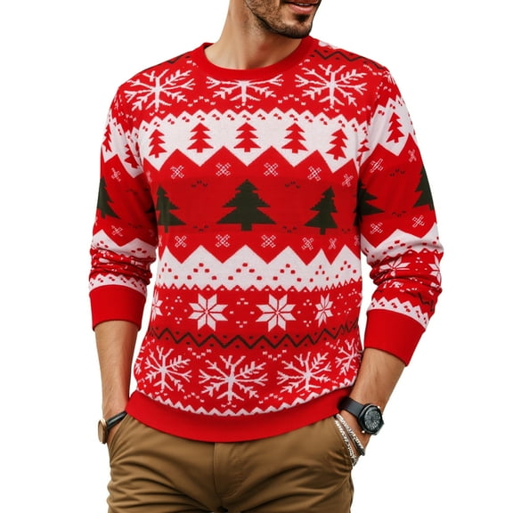 Iceglad Men's Ugly Christmas Sweater Reindeer Snowflake Print Acrylic Knitted Pullover