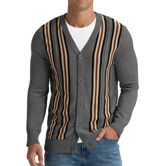 Iceglad Men's Vintage Striped Long Sleeve Button Down Cardigan Sweater with V Neck Knitted Sweaters