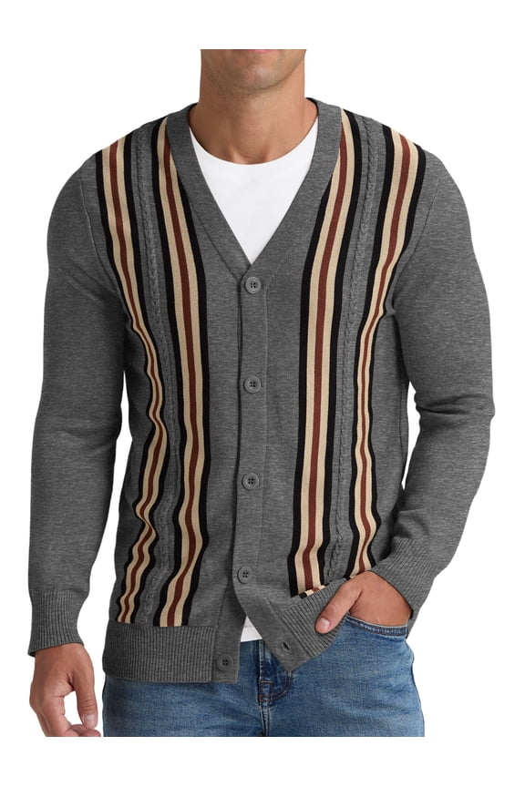 Men's Vintage Striped Long Sleeve Button Down Cardigan Sweater with V Neck Knitted Sweaters