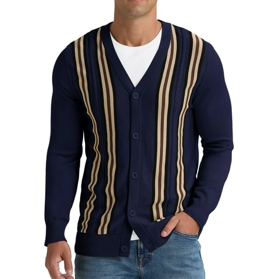 Iceglad Men's Vintage Striped Long Sleeve Button Down Cardigan Sweater with V Neck Knitted Sweaters