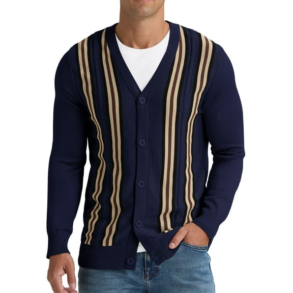 Iceglad Men's Vintage Striped Long Sleeve Button Down Cardigan Sweater with V Neck Knitted Sweaters