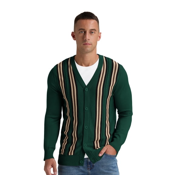 Iceglad Men's Vintage Striped Long Sleeve Button Down Cardigan Sweater with V Neck Knitted Sweaters