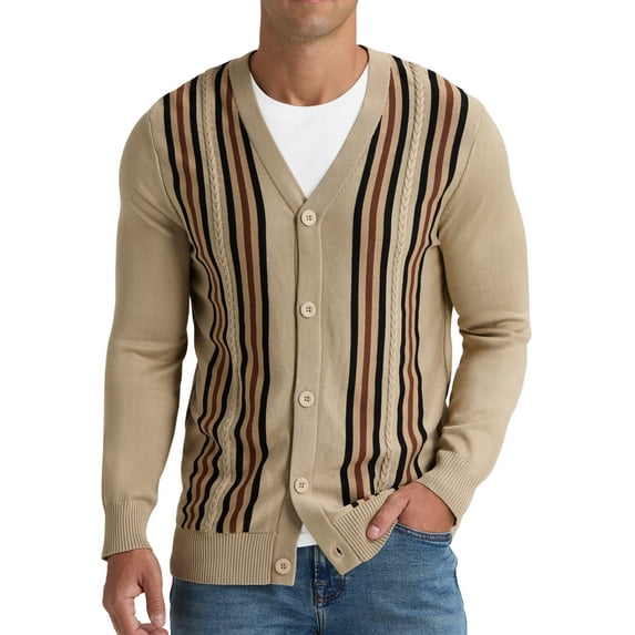 Iceglad Men's Vintage Striped Long Sleeve Button Down Cardigan Sweater with V Neck Knitted Sweaters