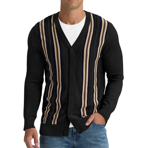 Iceglad Men's Vintage Striped Long Sleeve Button Down Cardigan Sweater with V Neck Knitted Sweaters