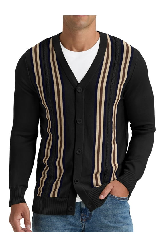 Men's Vintage Striped Long Sleeve Button Down Cardigan Sweater with V Neck Knitted Sweaters
