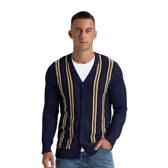 Iceglad Men's Vintage Striped Long Sleeve Button Down Cardigan Sweater with V Neck Knitted Sweaters